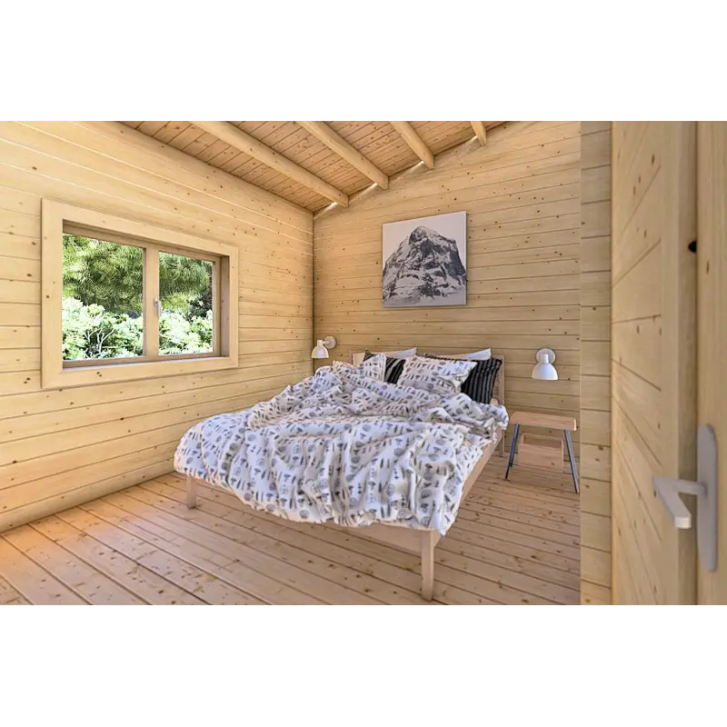 Isolierte Blockbohlenhaus für Campingplätze EMMA 8x7, 44/100/44 mm, Hauptschlafzimmer