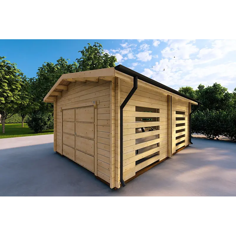 Belüftete Garage aus Holz 6.2x4.2, 70mm, Frontansicht rechte Seite