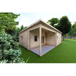 Winterfestes Holzhaus mit Veranda MILENA 9x6.5, 44/100/44 mm, Frontansicht linke Seite