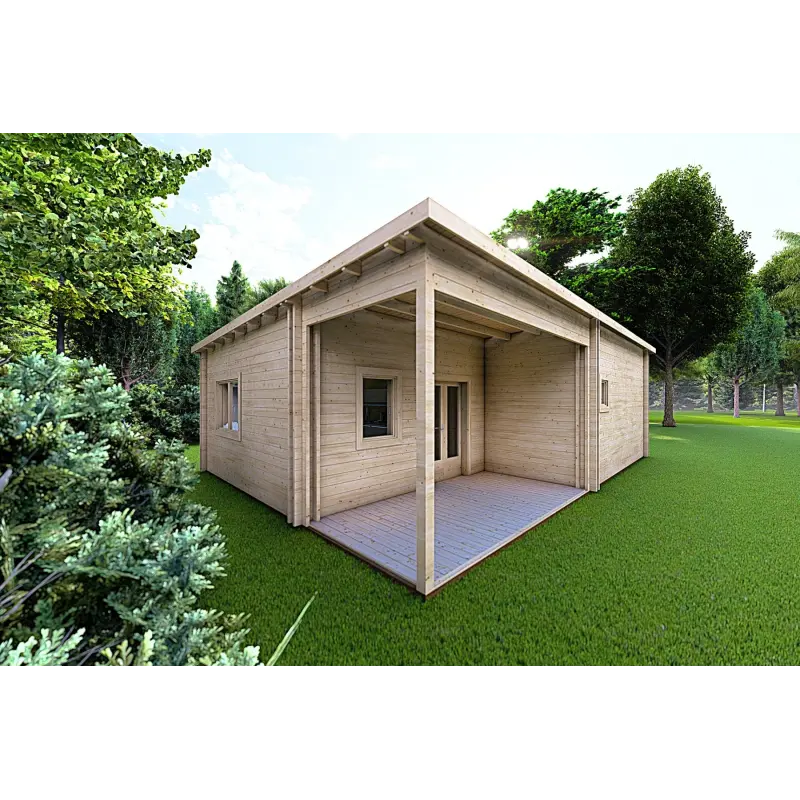 Winterfestes Holzhaus mit Veranda MILENA 9x6.5, 44/100/44 mm, Frontansicht linke Seite