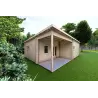 Winterfestes Holzhaus mit Veranda MILENA 9x6.5, 44/100/44 mm, Frontansicht linke Seite