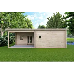 Winterfestes Holzhaus mit Veranda MILENA 9x6.5, 44/100/44 mm, Frontansicht