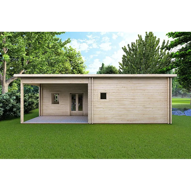 Winterfestes Holzhaus mit Veranda MILENA 9x6.5, 44/100/44 mm, Frontansicht