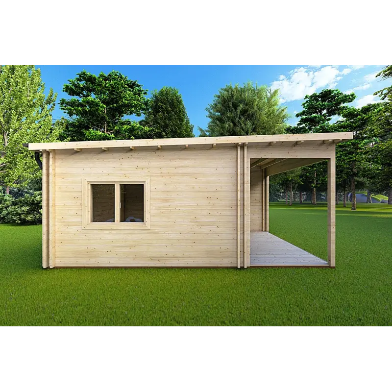 Winterfestes Holzhaus mit Veranda MILENA 9x6.5, 44/100/44 mm, linke Seite