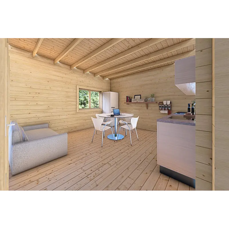 Winterfestes Holzhaus mit Veranda MILENA 9x6.5, 44/100/44 mm, Innenansicht offener Wohnbereich