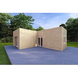 Holzhaus Fertighaus​ mit Flachdach YARA 55 m², 60/120/30/40 mm, Frontansicht rechte Seite
