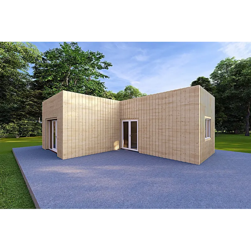 Holzhaus Fertighaus​ mit Flachdach YARA 55 m², 60/120/30/40 mm, Frontansicht rechte Seite