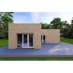 Holzhaus Fertighaus​ mit Flachdach YARA 55 m², 60/120/30/40 mm, Frontansicht