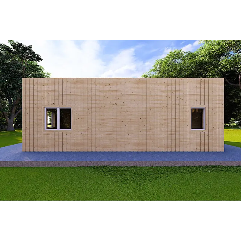 Holzhaus Fertighaus​ mit Flachdach YARA 55 m², 60/120/30/40 mm, Rückansicht