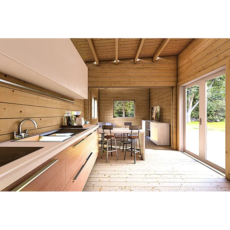 Holzhaus Fertighaus​ mit Flachdach YARA 55 m², 60/120/30/40 mm, Innenansicht offener Wohnbereich