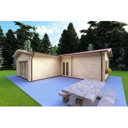 Isolierte Blockbohlenhaus in L-Form TANIA 50 m², 44/100/44 mm, Frontansicht rechte Seite