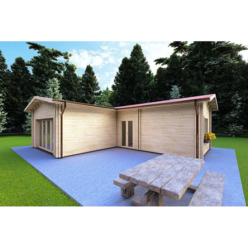 Isolierte Blockbohlenhaus in L-Form TANIA 50 m², 44/100/44 mm, Frontansicht rechte Seite