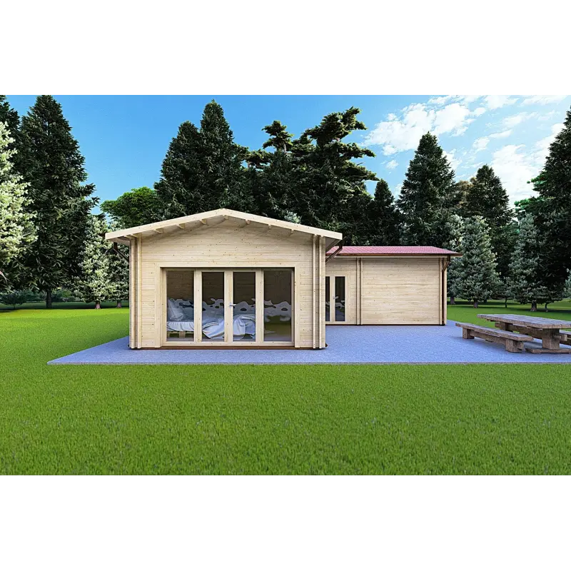Isolierte Blockbohlenhaus in L-Form TANIA 50 m², 44/100/44 mm, Frontansicht