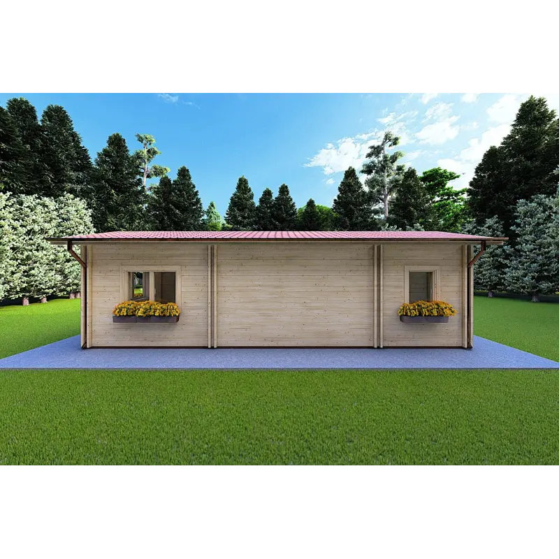 Isolierte Blockbohlenhaus in L-Form TANIA 50 m², 44/100/44 mm, Rückansicht