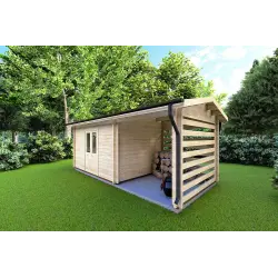 Moderne Gartenhaus mit Holzlager FRIDA 6.4x3, 44mm, Frontansicht rechte Seite