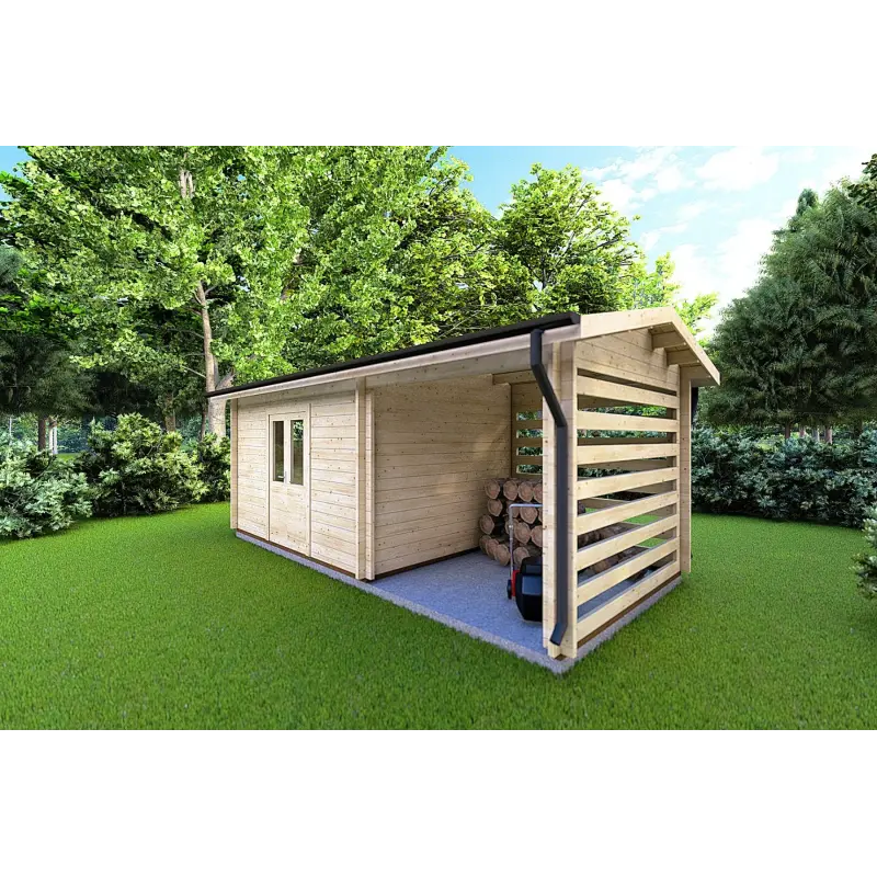 Moderne Gartenhaus mit Holzlager FRIDA 6.4x3, 44mm, Frontansicht rechte Seite