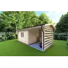 Moderne Gartenhaus mit Holzlager FRIDA 6.4x3, 44mm, Frontansicht rechte Seite