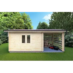 Moderne Gartenhaus mit Holzlager FRIDA 6.4x3, 44mm, Frontansicht