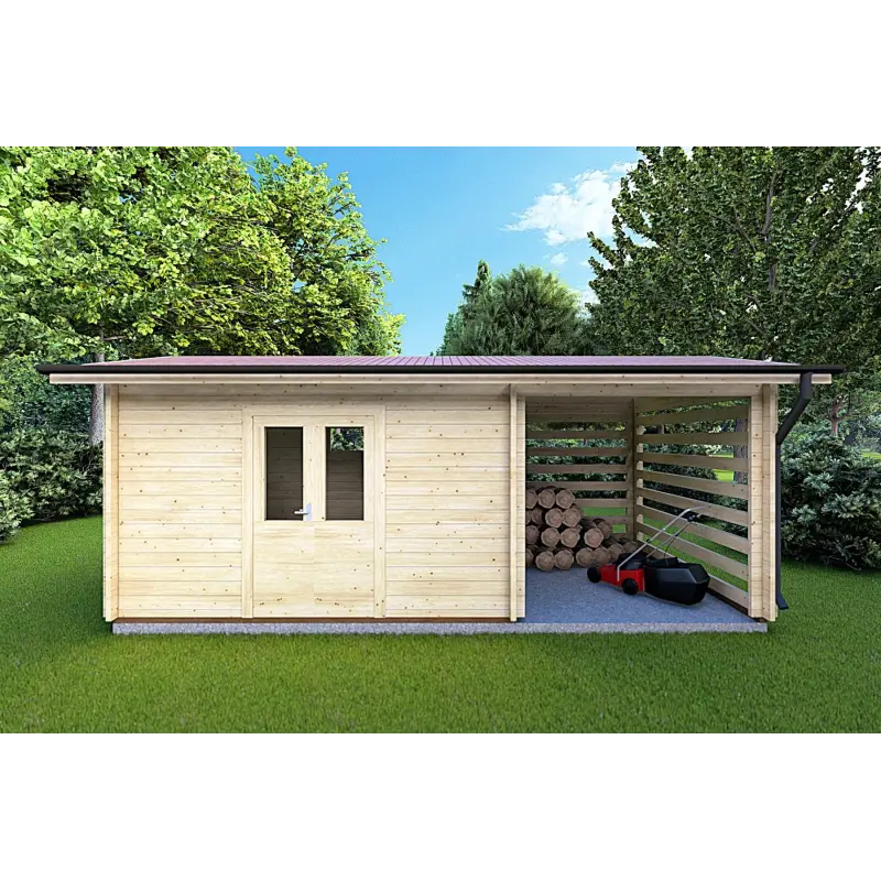 Moderne Gartenhaus mit Holzlager FRIDA 6.4x3, 44mm, Frontansicht
