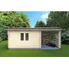 Moderne Gartenhaus mit Holzlager FRIDA 6.4x3, 44mm, Frontansicht