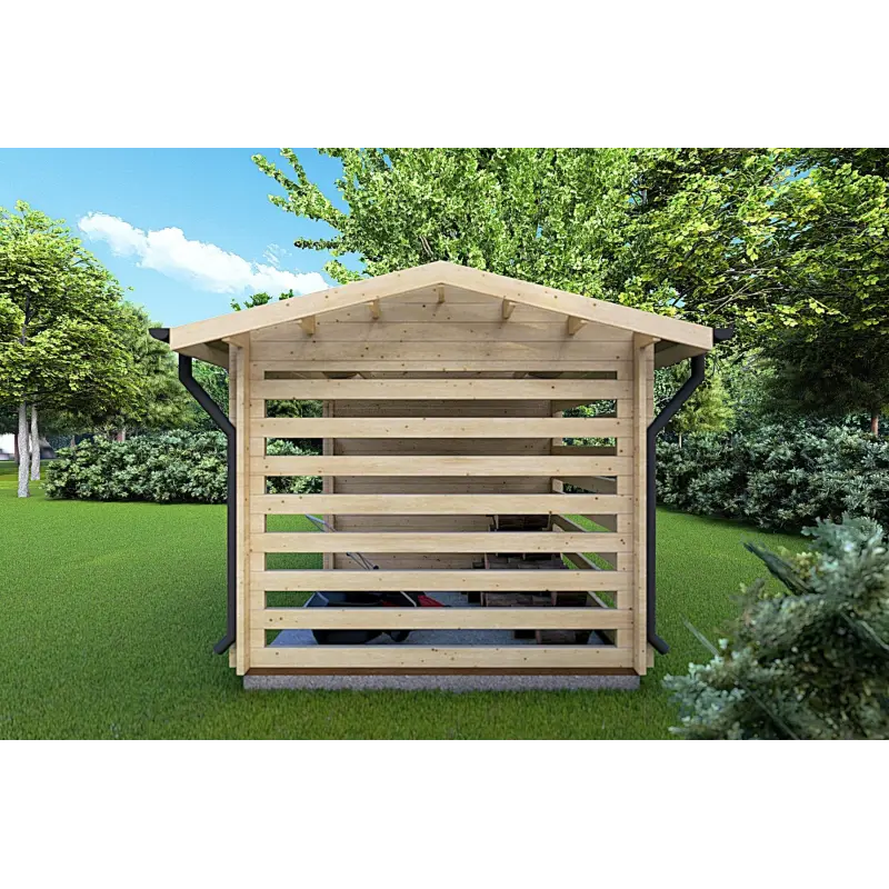 Moderne Gartenhaus mit Holzlager FRIDA 6.4x3, 44mm, rechte Seite