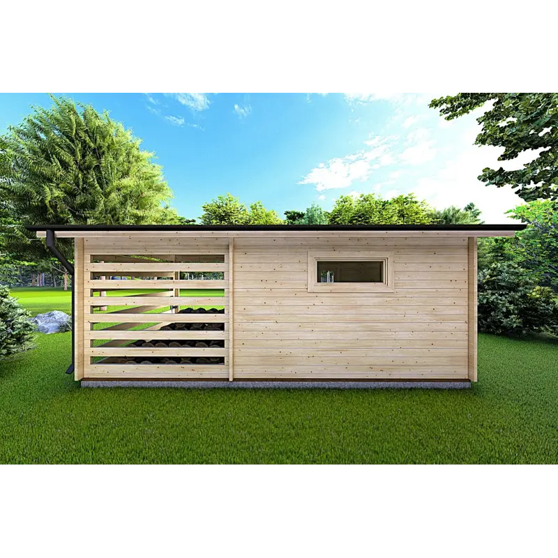 Moderne Gartenhaus mit Holzlager FRIDA 6.4x3, 44mm, Rückansicht