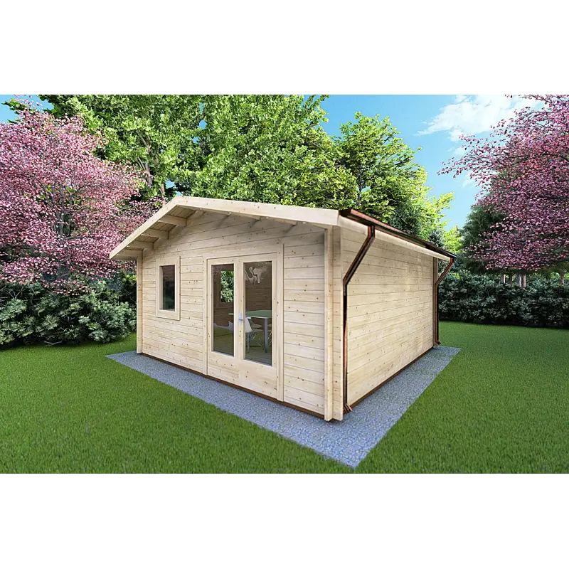 Blockbohlenhaus MATILDE 6x6, 44mm, Frontansicht rechte Seite
