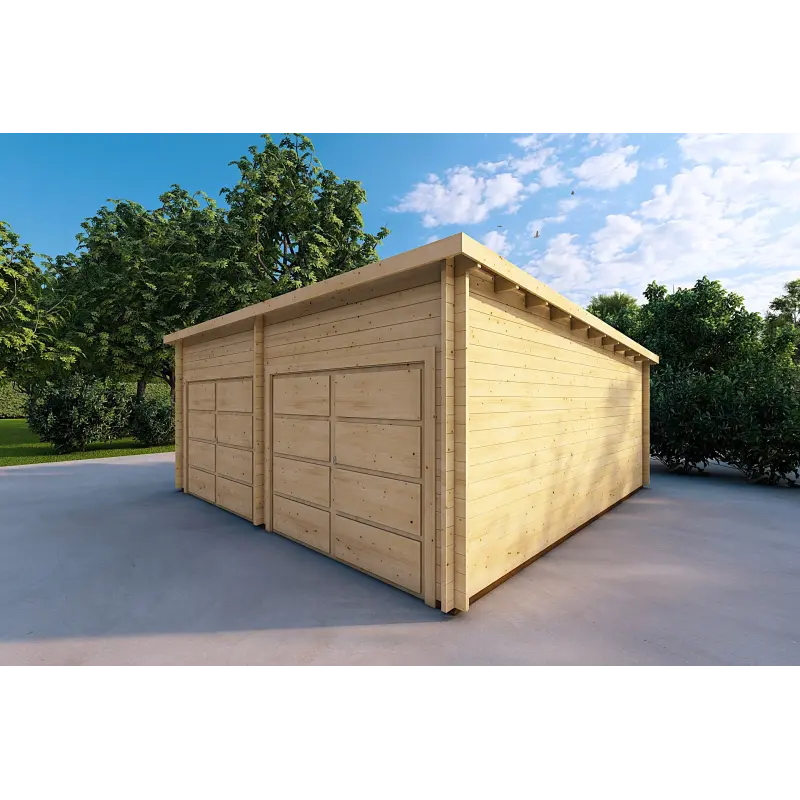 Doppel-Holzgarage mit Pultdach 6x6, 44mm, Frontansicht rechte Seite