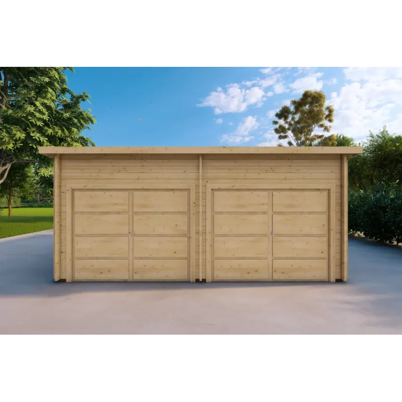 Doppel-Holzgarage mit Pultdach 6x6, 44mm, Frontansicht