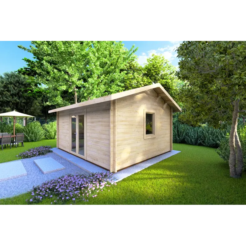 Moderne Gartenhaus für den Pool CLARA 5.2x4.2, 44mm, Frontansicht rechte Seite