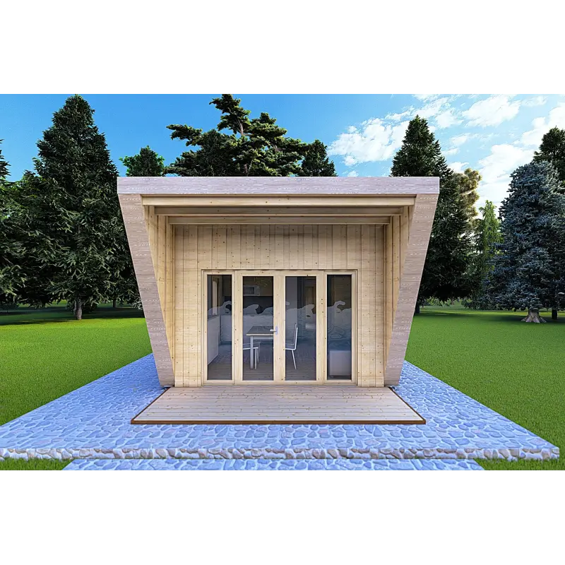 Holzhaus-Bungalow VISION 1 mit Veranda 4x14 44/100/30/40 mm, Frontansicht Farbe Holzgrau