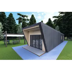 Holzhaus-Bungalow VISION 1 mit Veranda 4x14 44/100/30/40 mm, Frontansicht rechte Seite Farbe Anthrazit