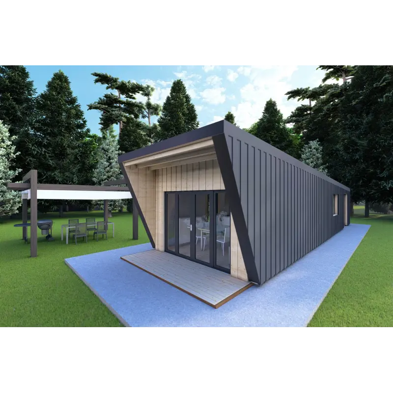 Holzhaus-Bungalow VISION 1 mit Veranda 4x14 44/100/30/40 mm, Frontansicht rechte Seite Farbe Anthrazit