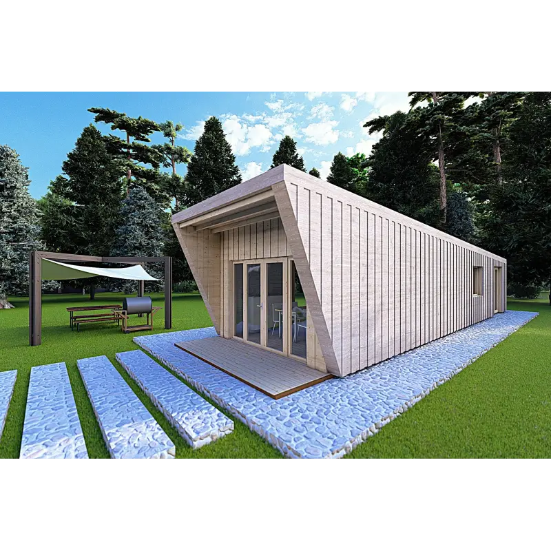 Holzhaus-Bungalow VISION 1 mit Veranda 4x14 44/100/30/40 mm, Frontansicht rechte Seite Farbe Holzgrau