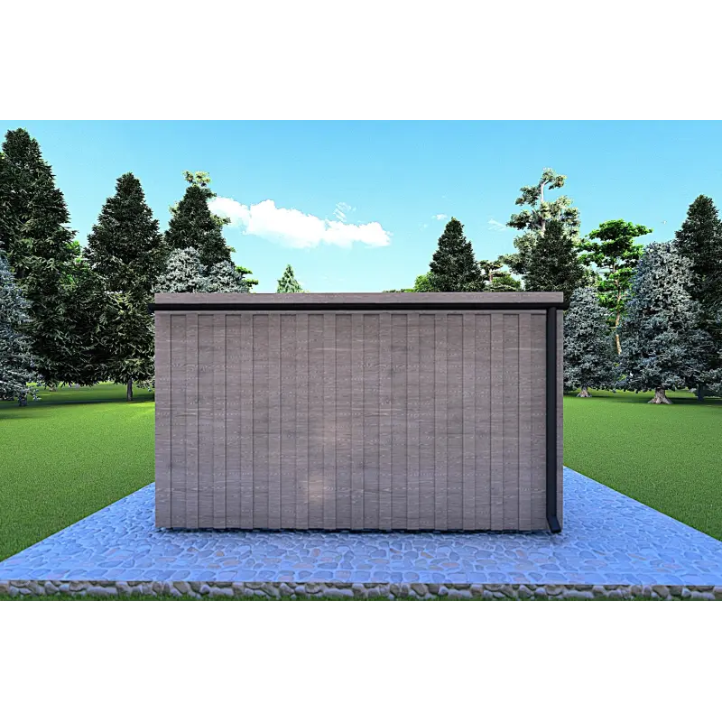Holzhaus-Bungalow VISION 1 mit Veranda 4x14 44/100/30/40 mm, Rückansicht Farbe Holzgrau