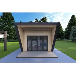 Holzhaus-Bungalow VISION 1 mit Veranda 4x14 44/100/30/40 mm, Frontansicht Farbe Anthrazit