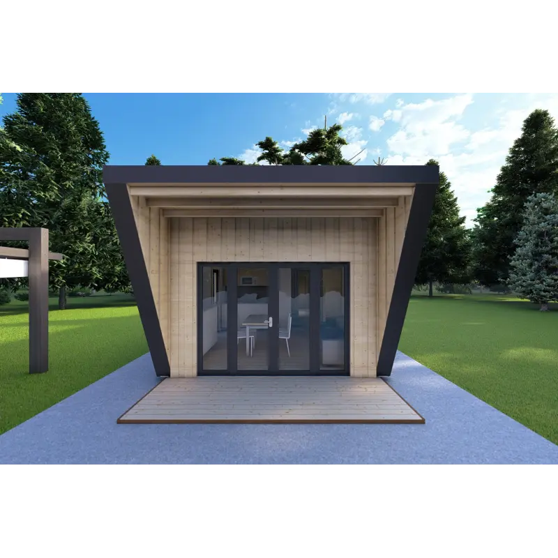 Holzhaus-Bungalow VISION 1 mit Veranda 4x14 44/100/30/40 mm, Frontansicht Farbe Anthrazit
