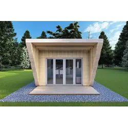 Holzhaus-Bungalow VISION 1 SMALL „S“ mit Patio 4x11 44/100/30/40, Frontansicht Farbe Holzgrau