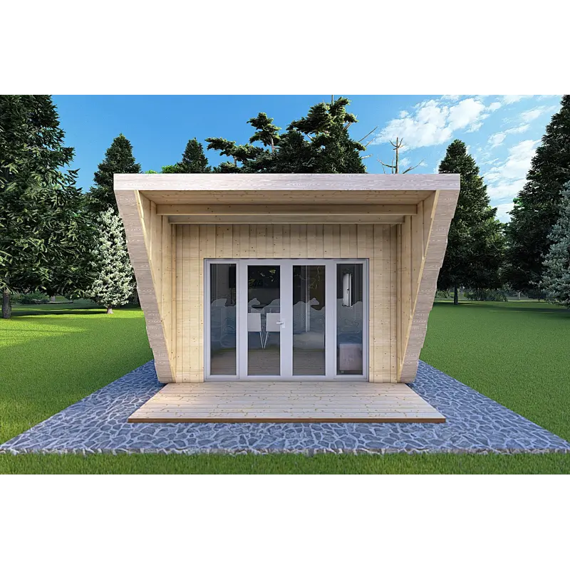 Holzhaus-Bungalow VISION 1 SMALL „S“ mit Patio 4x11 44/100/30/40, Frontansicht Farbe Holzgrau