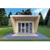 Holzhaus-Bungalow VISION 1 SMALL „S“ mit Patio 4x11 44/100/30/40, Frontansicht Farbe Holzgrau