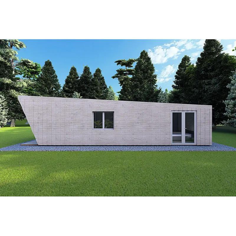 Holzhaus-Bungalow VISION 1 SMALL „S“ mit Patio 4x11 44/100/30/40, rechte Seite Farbe Holzgrau