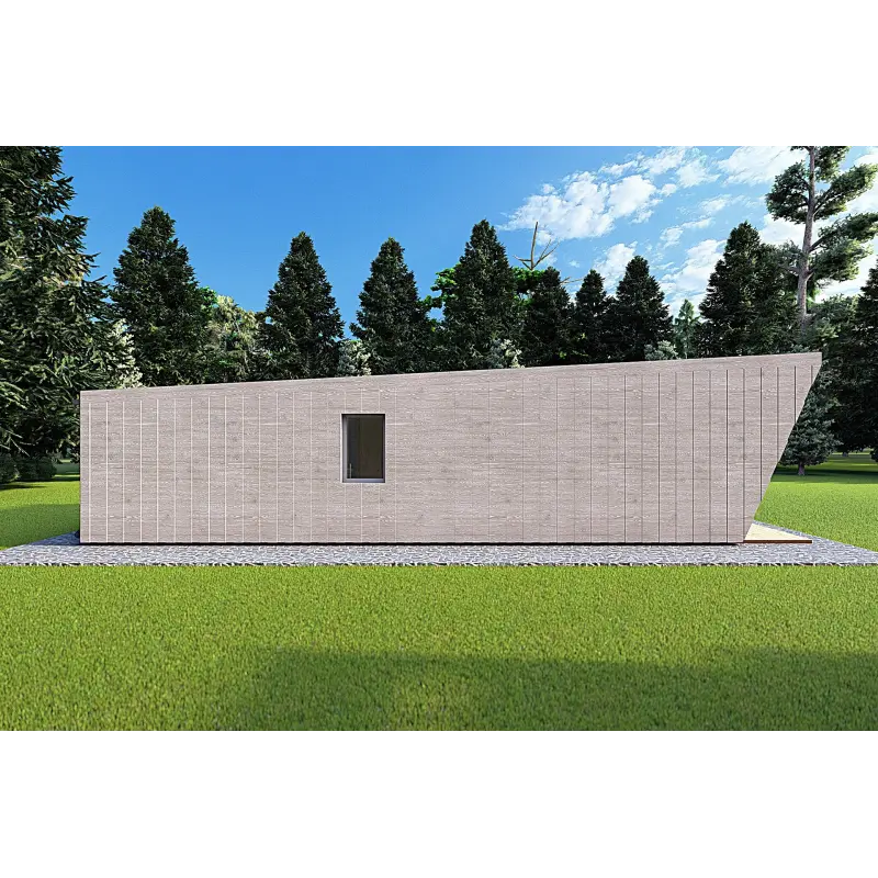 Holzhaus-Bungalow VISION 1 SMALL „S“ mit Patio 4x11 44/100/30/40, linke Seite Farbe Holzgrau
