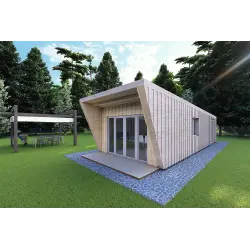 Holzhaus-Bungalow VISION 1 SMALL „S“ mit Patio 4x11 44/100/30/40, Frontansicht rechte Seite Farbe Holzgrau