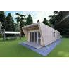 Holzhaus-Bungalow VISION 1 SMALL „S“ mit Patio 4x11 44/100/30/40, Frontansicht rechte Seite Farbe Holzgrau