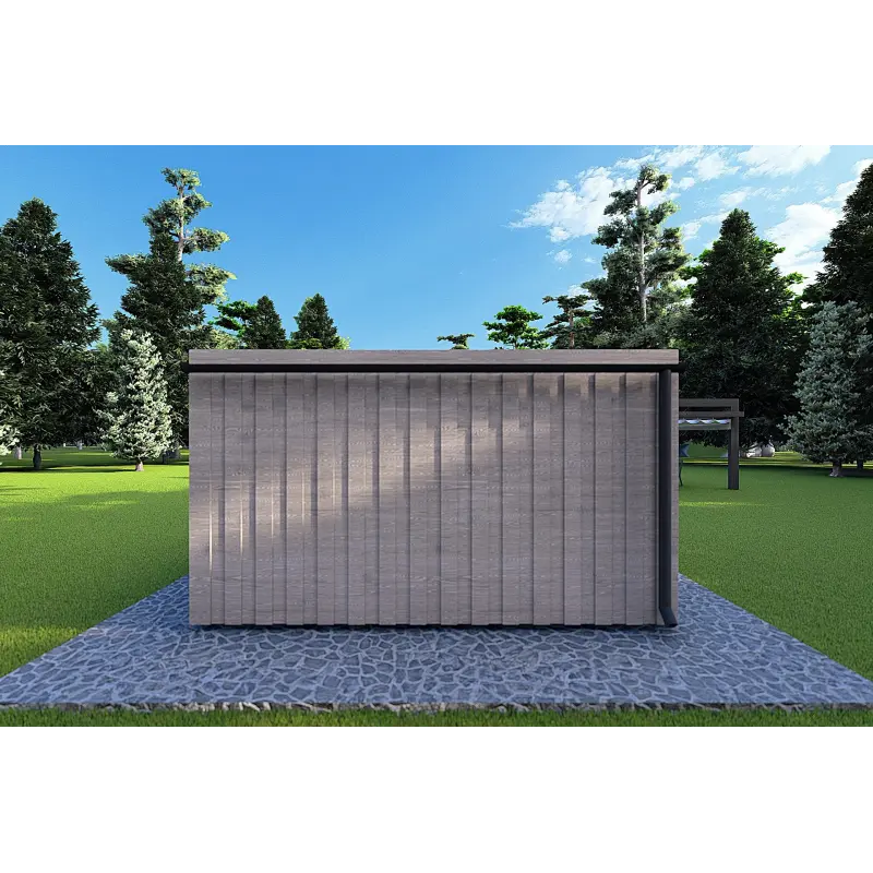 Holzhaus-Bungalow VISION 1 SMALL „S“ mit Patio 4x11 44/100/30/40, Rückansicht Farbe Holzgrau