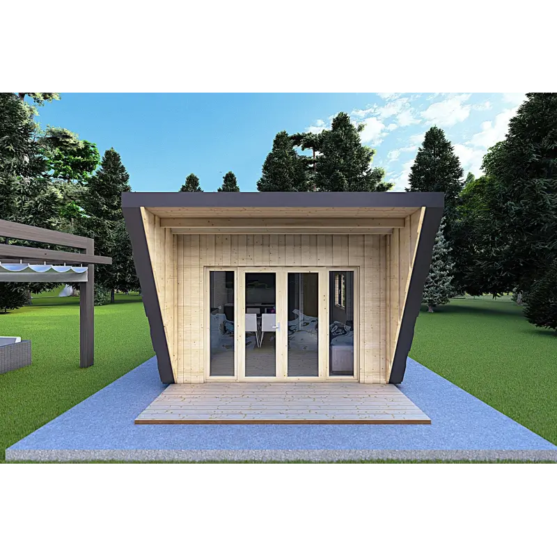 Holzhaus-Bungalow VISION 1 SMALL „S“ mit Patio 4x11 44/100/30/40, Frontansicht Farbe Anthrazit