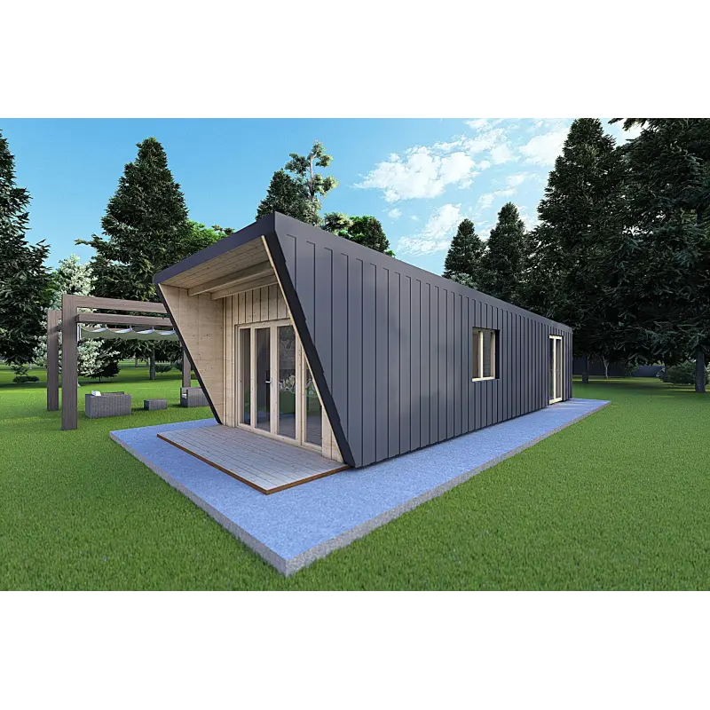 Holzhaus-Bungalow VISION 1 SMALL „S“ mit Patio 4x11 44/100/30/40, Frontansicht rechte Seite Farbe Anthrazit