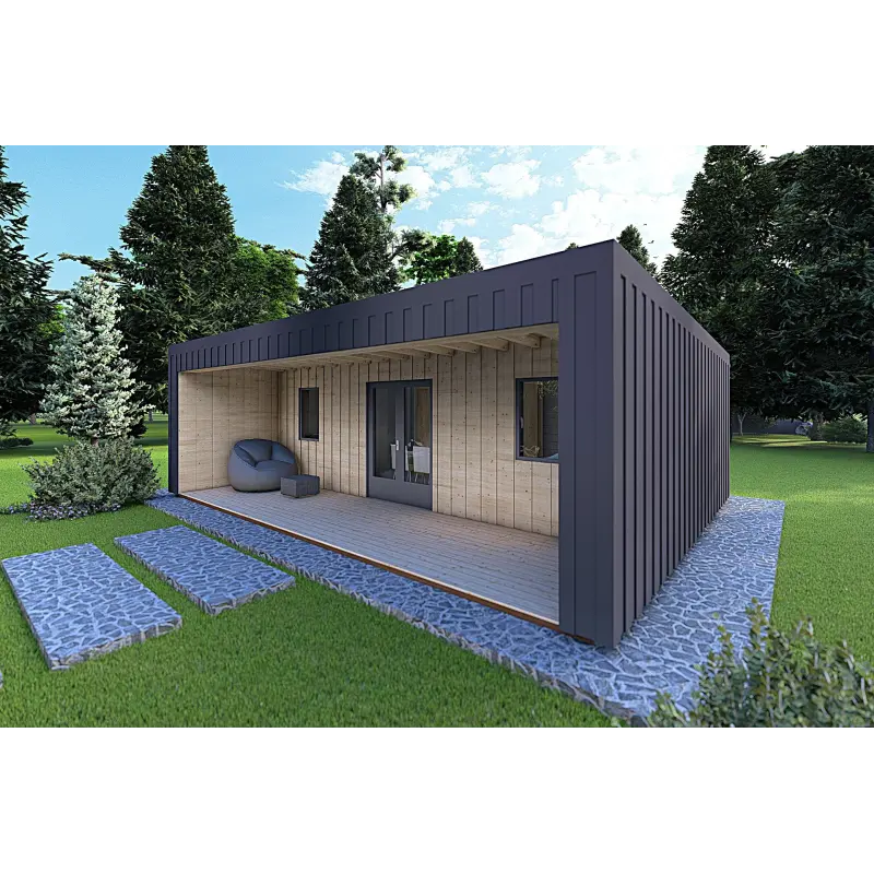 Mobilheime VISION 2 mit Veranda 8x6 60/100/30/40 mm, Frontansicht rechte Seite Farbe Anthrazit