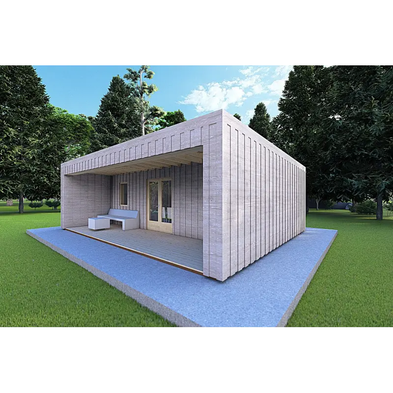 Mobilheime VISION 2 mit Veranda 8x6 60/100/30/40 mm, Frontansicht rechte Seite Farbe Holzgrau