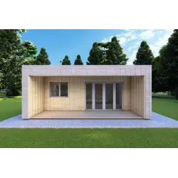 Holzhaus-Bungalow VISION 2 CUBE "C" mit 7x8 44/100/30/40 mm, Frontansicht Farbe Holzgrau